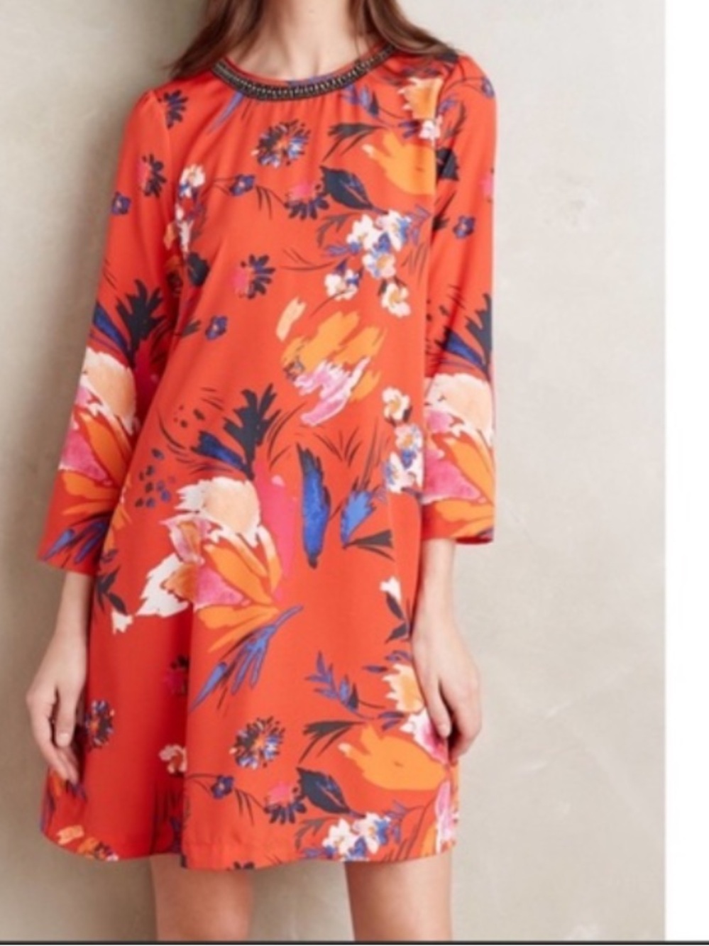 Anthropologie Maeve Red Floral Mini Dress with Beaded Neckline
